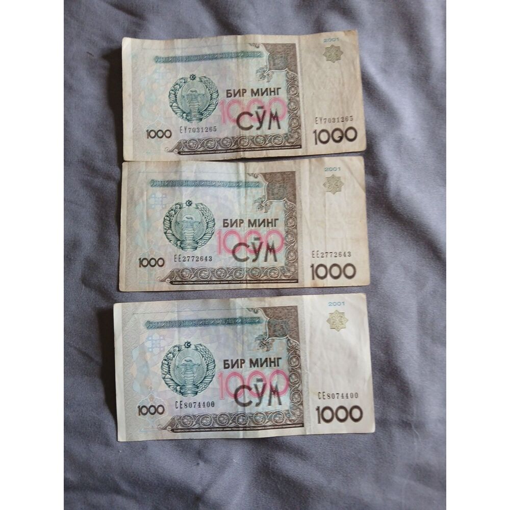 Lot of 3 Uzbekistan 1000 Som 2001 Banknotes Amir Timur Museum World Currency